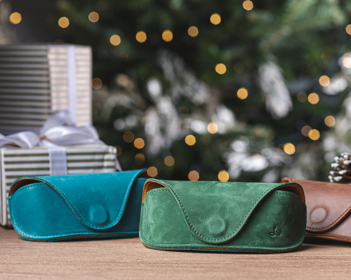 Snakehive leather glasses case styled as a Christmas gift